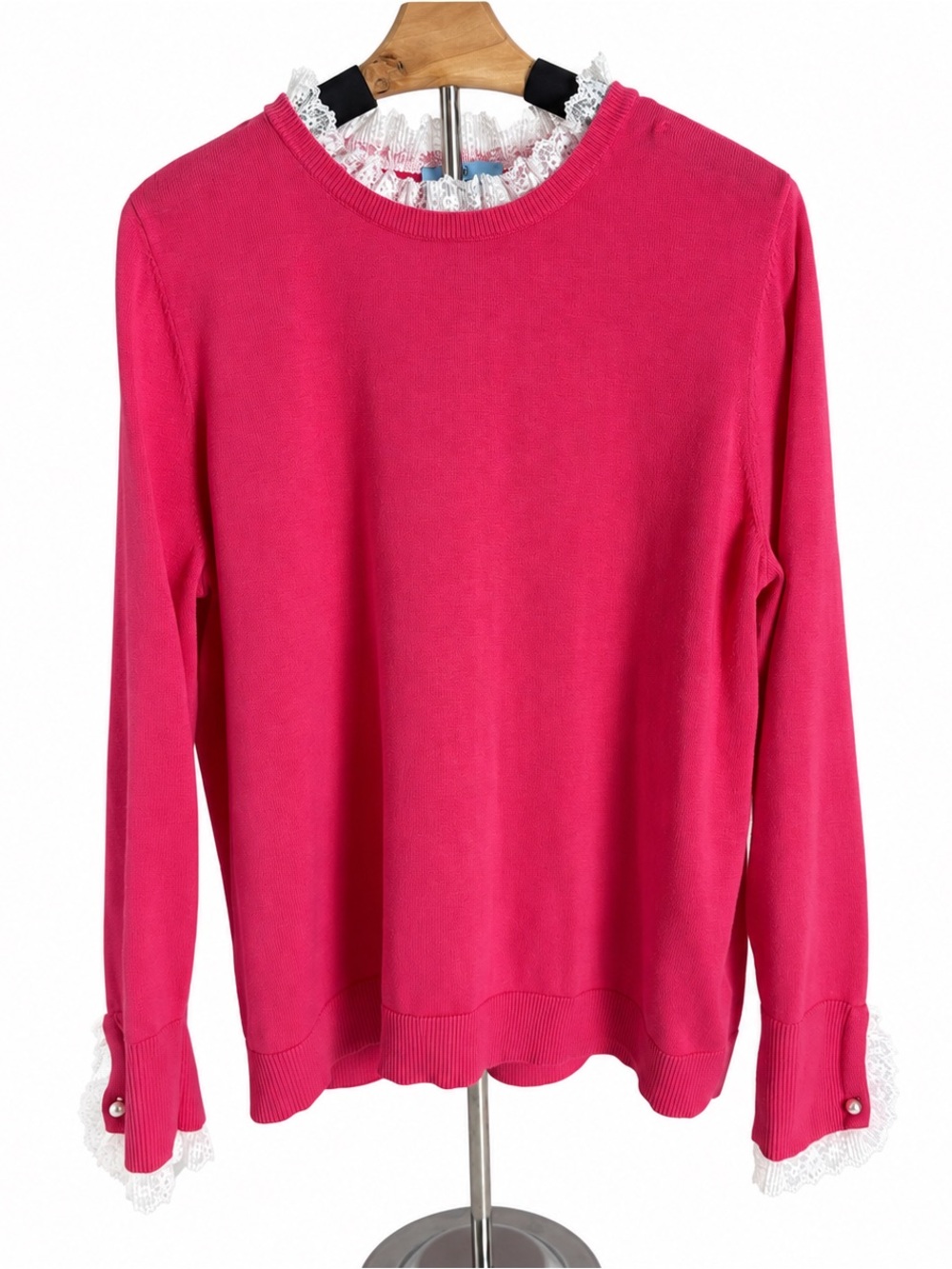 CeCe Party Pink Lace Trim Pearl Cuff Cotton Blend Sweater XL